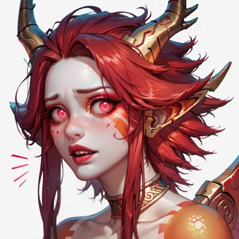 score_9, score_8_up, score_7_up, score_6_up, source_cartoon, 1girl, portrait face, (close up:1.4), white background, dragon girl, metallic skin, bronze skin, orange skin, flush red skin, glitter, bronze metallic wings, long lion tail, red hair, r3pt1l3, tribal geometric tribal tattoos, scales for skin, glowing red eyes, metal pauldrons, metal horns