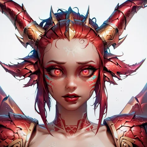 score_9, score_8_up, score_7_up, score_6_up, source_cartoon, 1girl, portrait face, (close up:1.4), white background, dragon girl, metallic skin, bronze skin, orange skin, flush, red skin, glitter, bronze metallic wings, red hair, r3pt1l3, tribal geometric tribal tattoos, scales for skin, glowing red eyes, metal pauldrons, metal horns, red lipstick