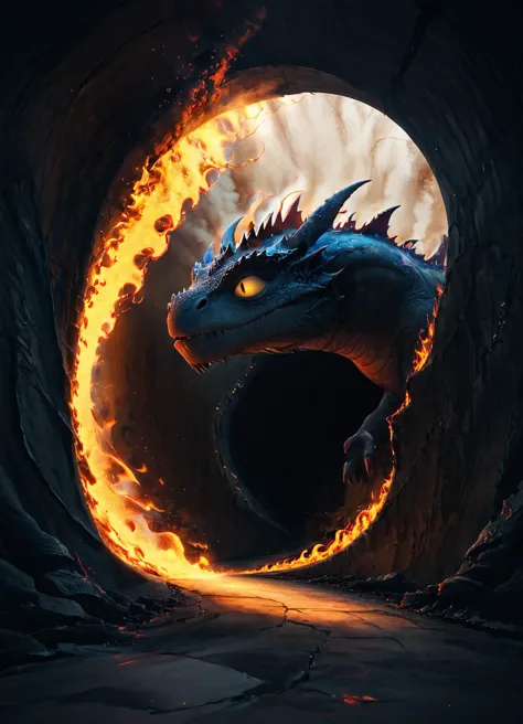 ein Tunnel mit einem großen Drachen, der am Ende Flammen spuckt
 