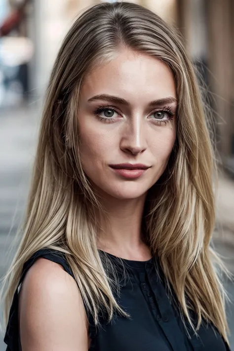 a woman with long blonde hair and black top posing for a picture