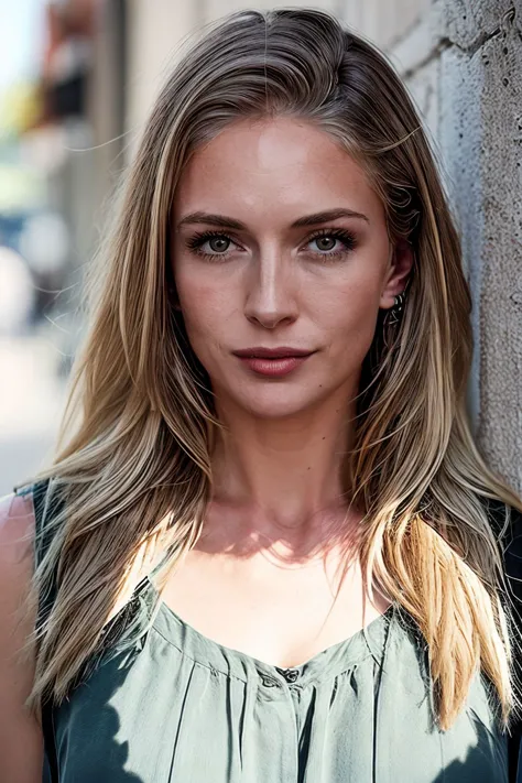 a photo of blonde ysmnkyalln, wearing a (long sleeveless blouse), attractive standing in the empty alley (sunbathing), perfect eyes, (realistic skin texture with skin pores), (nice hands, perfect hands), (curvy hips:0.8), (close up:0.3), photorealistic, rim lighting<lyco:GoodHands-beta2:1.3> <lora:tangbohu-detailer_1.0:1> <lora:epiNoiseoffset_v3:0.5><lyco:YaseminKayAllen:0.8>