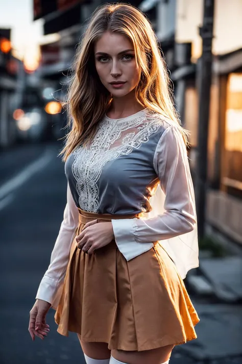 a photo of blonde ysmnkyalln, wearing a (long blouse), (long lace skirt)  with thighhighs, attractive standing in the empty alley (sunset), perfect eyes, (realistic skin texture with skin pores), (nice hands, perfect hands), (curvy hips:0.8), photorealistic, rim lighting<lyco:GoodHands-beta2:1.3> <lora:tangbohu-detailer_1.0:1> <lora:epiNoiseoffset_v3:0.5><lyco:YaseminKayAllen:0.8>