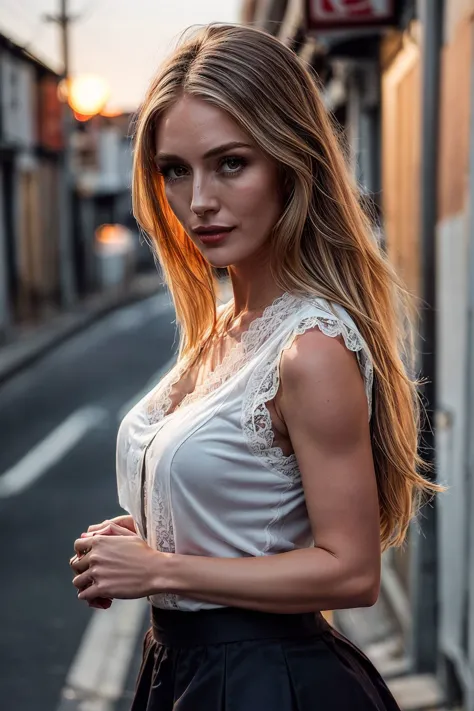 a photo of blonde ysmnkyalln, wearing a (long sleeveless blouse), thighighs under the (long lace skirt), attractive standing in the empty alley (sunset), perfect eyes, (realistic skin texture with skin pores), (nice hands, perfect hands), (curvy hips:0.8), photorealistic, rim lighting<lyco:GoodHands-beta2:1.3> <lora:tangbohu-detailer_1.0:1> <lora:epiNoiseoffset_v3:0.5><lyco:YaseminKayAllen:0.8>