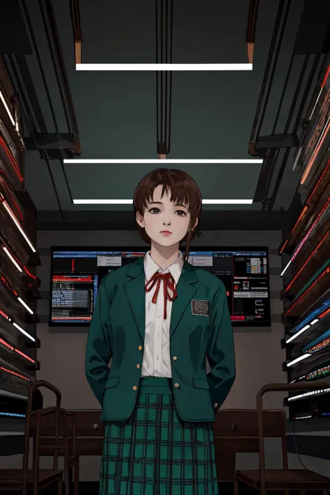 <lora:lain-v1r1:0.9> iwakura lain, brown eyes, (schlain:1.2), grey jacket, plaid skirt, green skirt, computer room, many display...