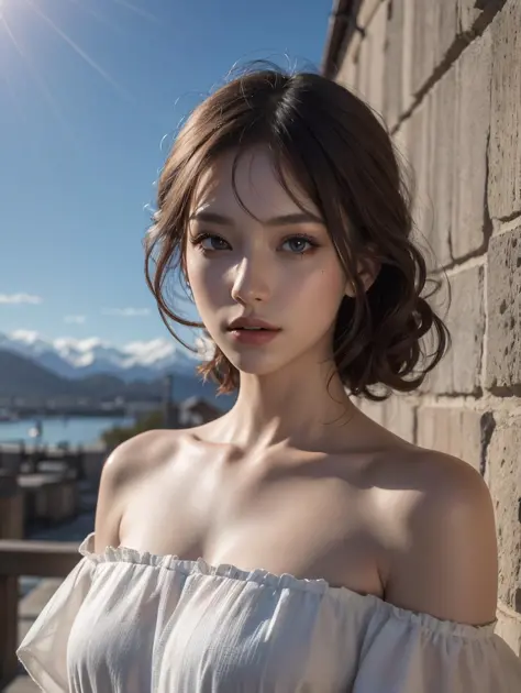 a woman in a white dress standing next to a brick wall