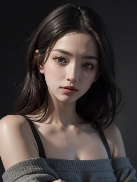 Best quality, masterpiece, ultra high res, (photorealistic:1.4), raw photo, 1girl, offshoulder, in the dark, deep shadow