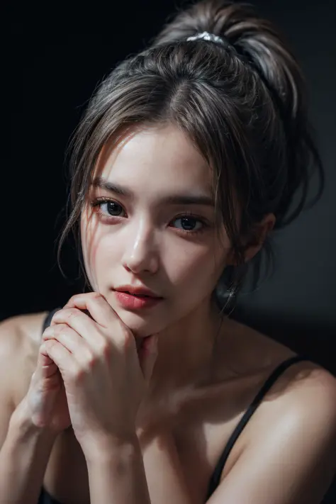 (HDR, 8K, absurdres, highly detailed, best quality, masterpiece, ultra-high res, photorealistic, vivid colors, ray tracing:1.2), 1girl, film grain, grey hair, high ponytail, looking at viewer, hands touching face, <lyco:GoodHands-beta2:1>