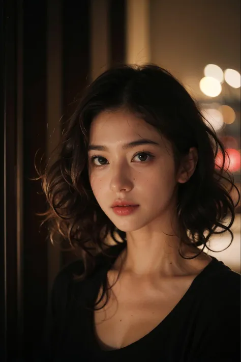 a woman with long hair and black shirt looking at the camera