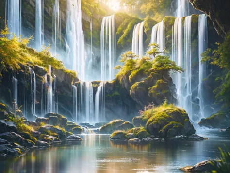 A chaotic rushing waterfall in a serene beautiful landscape, ray tracing, detailed reflections, Intricate, High Detail, dramatic...