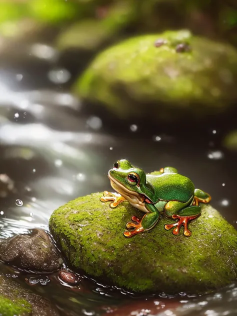 A tiny green frog with red stripe on a mossy rock near a rushing creek, ray tracing, detailed reflections, Intricate, High Detai...