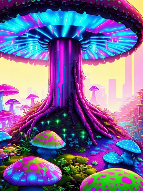 swpunk, synthwave, paint splatters, (extremely detailed 8k wallpaper), a crazy alien landscape with giant glowing mushrooms and ...