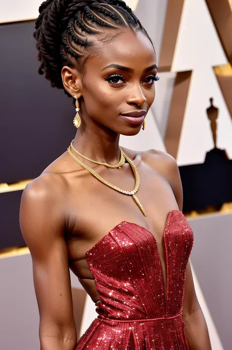 over shoulder photo of striking unique young nigerian woman at oscars,(slim toned),((muscular)), award winning designer, straple...
