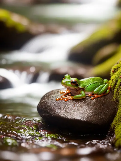 A tiny green frog with red stripe on a mossy rock near a rushing creek, ray tracing, detailed reflections, Intricate, High Detai...