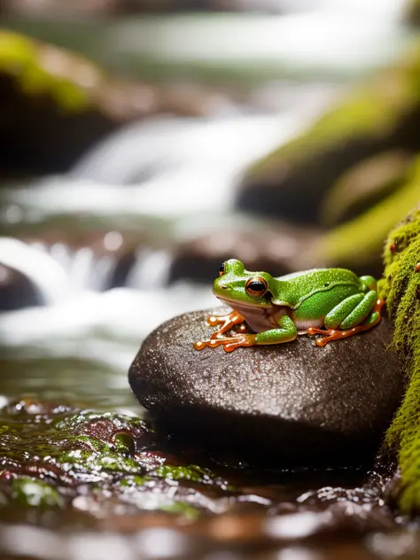 Ein kleiner grüner Frosch mit roten Streifen auf einem moosigen Felsen in der Nähe eines rauschenden Baches, Raytracing, ausführlich reflections, kompliziert, Hohe Detailliertheit, dramatisch, Meisterwerk in bester Qualität, fotorealistisch, ausführlich, 8k, HDR, Hintergrundbeleuchtung, blühen, Licht funkelt, chromatische Abweichung, scharfer Fokus