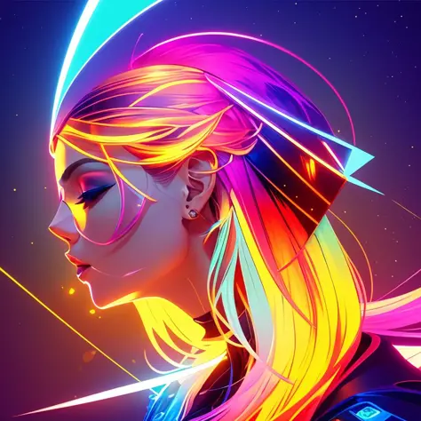 style de séance photo, Une illustration, art conceptuel, l&#39;art visuel,((style vectoriel)), (couleur plate), couleurs dorées,  animé, a world in Beau  woman head with lightning, Coloré shine, fleurs, fantaisie, Station artistique, Beau, épique, cristalline, Coloré, Vif, HD, très détaillé, éclairage de jante, Dieu rayons