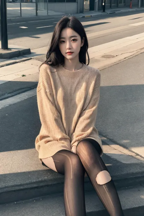 masterpiece, best quality, realistic, 8k, official art, cinematic light, ultra high res, 1girl, sweater dress, torn pantyhose, sitting, on the street, sunlight, looking at viewer, leg focus, <lora:torn_pantyhose_03:1:TEST>