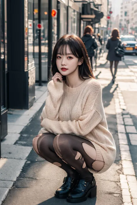masterpiece, best quality, realistic, 8k, official art, cinematic light, ultra high res, 1girl, sweater dress, torn pantyhose, squatting, on the street, sunlight, looking at viewer, leg focus, <lora:torn_pantyhose_03:1:TEST>