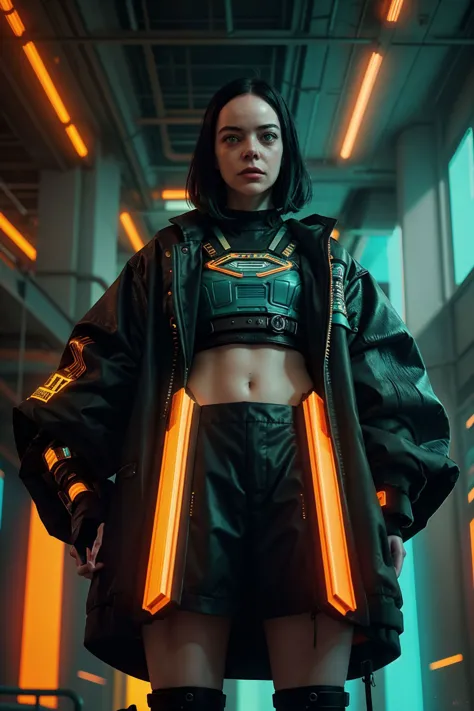 a woman in a black jacket and shorts standing in a room with neon lights