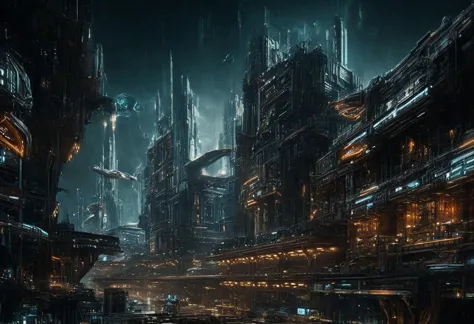 a scifi cityscape with a spaceship_port, departing and arriving spaceships, flying spaceships, glowing neon lights, daylight,
lo...