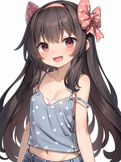 masterpiece, best quality, 1girl, solo, long_hair, looking_at_viewer, smile, open_mouth, skin_fang,simple_background, brown_hair, bow, ribbon, bare_shoulders, hairband, miniskirt, polka_dot, strap_slip, areola_slip, camisole, <lora:rac-000020:1>,doubl