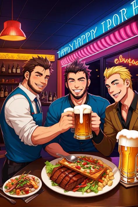 anime, colourful, adult, beer, three scruffy male friends in a dinner, food, cheery, happy, neon lights, drunk, drunk atmosphere...