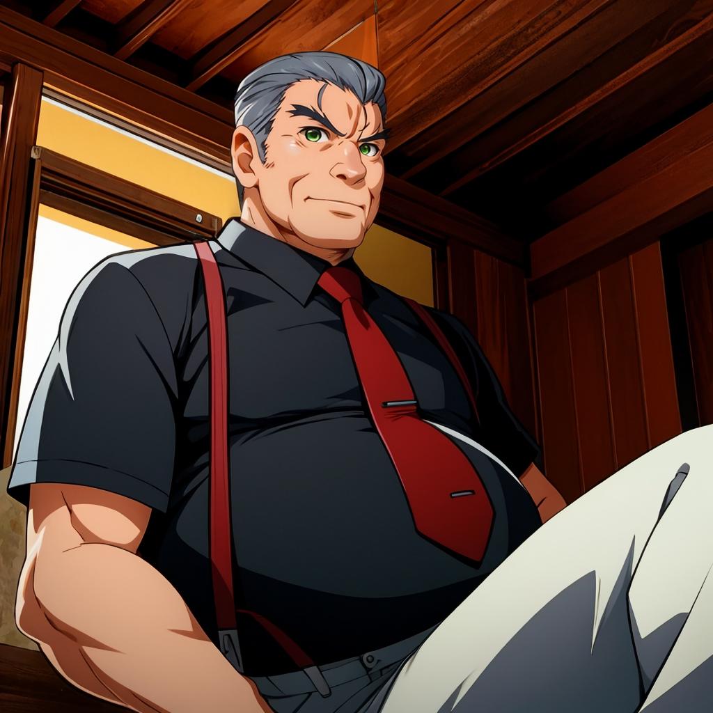 Anime man with gray hair and a red tie sitting in a room - SeaArt AI