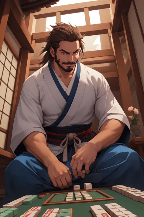 best quality,masterpiece,highres, yaoi, intricate details, (focus male), cg game cg, hd, (a manly 30 year old scruffy samurai ma...