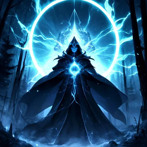 Within a mystical forest, a powerful sorcerer stands amidst swirling auras of vibrant energy, their commanding presence radiatin...