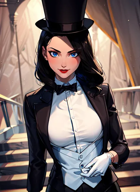 ((best quality)), ((highly detailed)), masterpiece, absurdres, (detailed eyes, deep eyes), (1girl), dutch_angle, upper body, zatanna, black hair, long hair, blue eyes, medium breasts, red lips, smiling, white shirt, black bowtie, black jacket, top hat, leotard, fishnets, fishnet pantyhose, skindentation, white gloves, high heels, (inside, in a stairway)