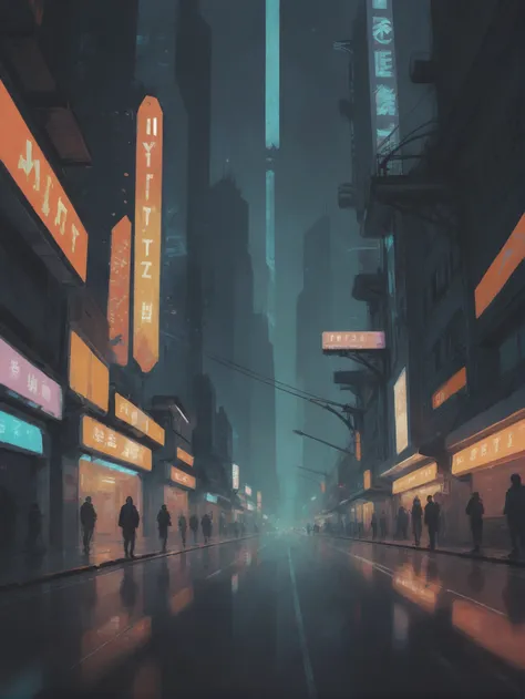 a painting of a city street with neon signs and people walking down it