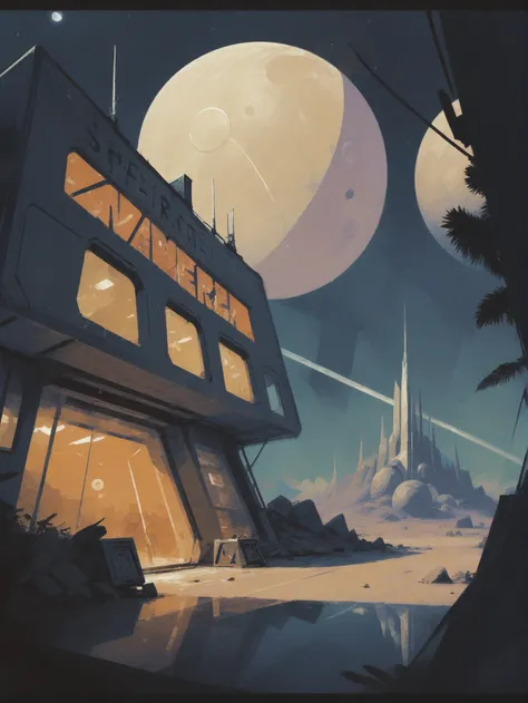 a painting of a futuristic building with a moon in the background