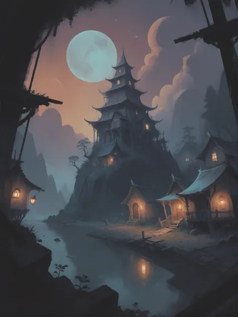 a painting of a house in the middle of a forest with a full moon