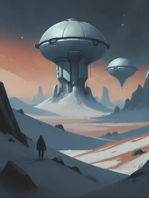 a painting of a man walking through a desert with a spaceship in the background