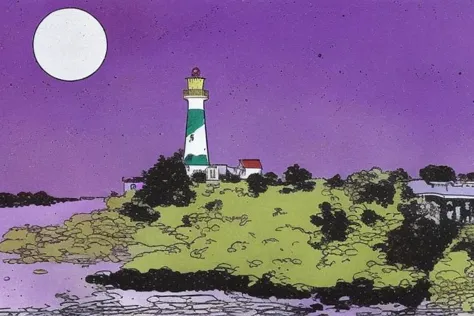 a close up of a lighthouse on a small island with a purple sky