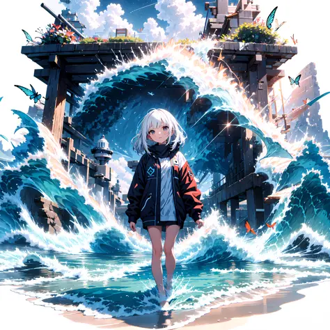 [(white background:1.5),::5] (isometric:1.0), 1girl, mid shot, full body, ocean, sea waves, water splashes, sky, light particles...