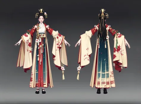 Rear view, front view, multi-view, game character, East Asian character design, exquisite accessories, exquisite patterns, 1girl, long_hair, chinese_clothes, multiple_views, hair_ornament, hanfu, long_sleeves, concept_art, gradient_background, dress, jewelry, gradient, outstretched_arms, wide_sleeves, grey_background, full_body, standing<lora:Two views:1>