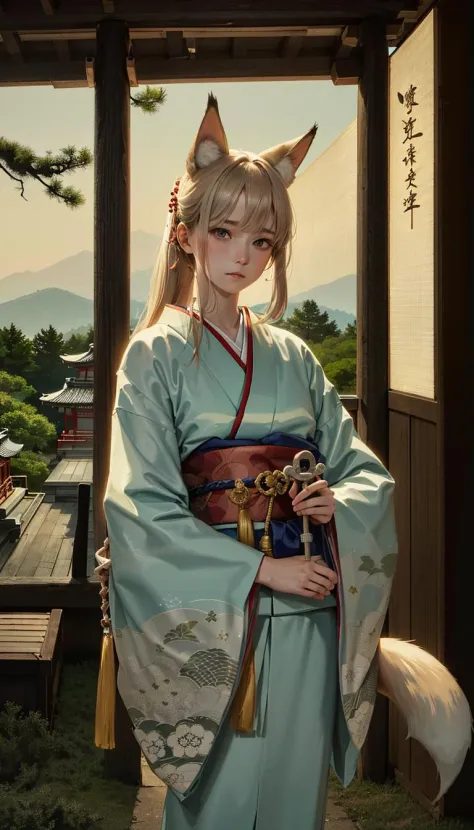 masterpiece, best quality,
1girl, looking at another,  outdoor, evening glow,  
japanese little deity with fox ears and tail, weathered and unpopular Shinto shrine, deity's lonely expression and gestures waiting for visitors, whimsical and endearing person...
