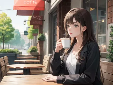 (8k, best quality, masterpiece:1.2),(best quality:1.0),ultra highres:1.0,  extremely detailed, render, 4k, absurdres, HDR,
a young girl drinking coffee in coffee shop, outdoor,
