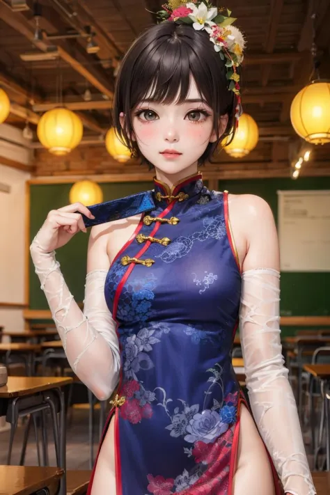 masterpiece, best quality,
1girl, blush, troubled,
very Short-haired, boyish girl, shy expression but enjoying, modernized china dress, lively cosplay cafe background, various costumed students, classroom decorations, festive atmosphere, vivid and bright c...