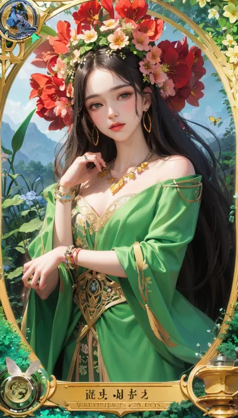 masterpiece, best quality, Alphonse Mucha, art nouveau,
 (tarot card style:1.3),  unique tarot card framework incorporating floral and greenery elements,
blunt bangs, black straight long hair, looking at viewer, 
Amidst a verdant garden, a mystical maiden ...