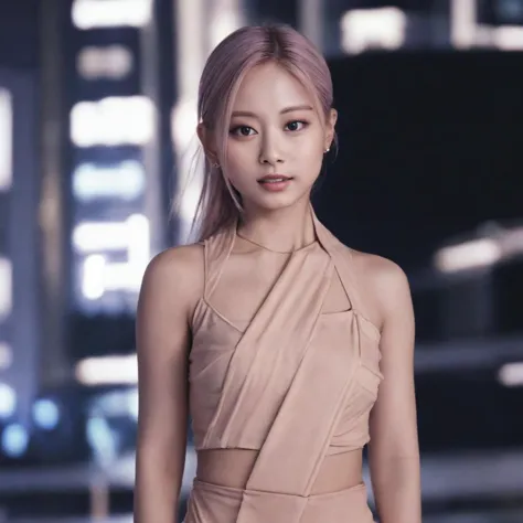 a woman in a beige dress standing in front of a city