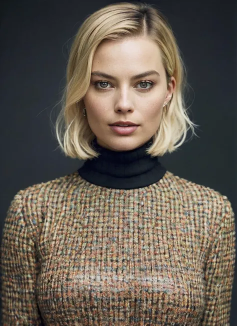 a woman with blonde hair and a turtle neck sweater