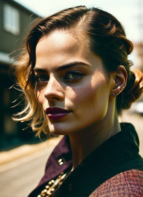 a woman with a messy bun in her hair and a necklace