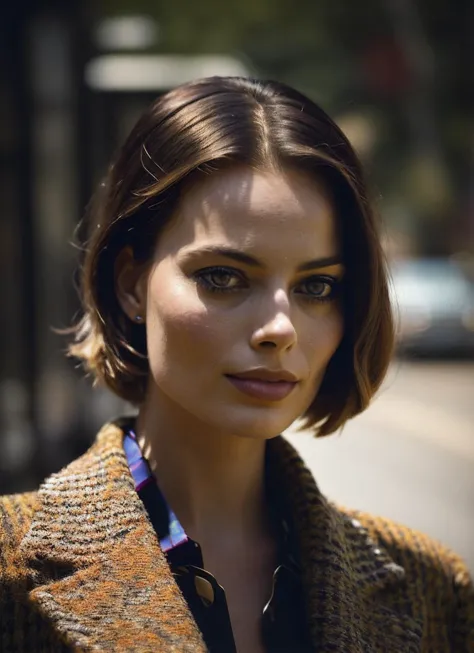 a close up of a woman with a brown coat and a blue shirt