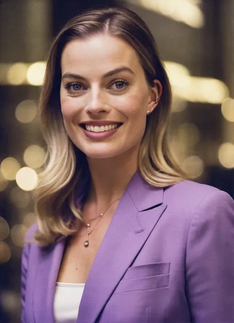 a close up of a woman in a purple suit smiling