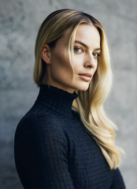 a woman with long blonde hair and a black turtle neck sweater