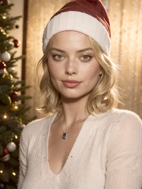 (sks woman (wearing stitched christmas sweater and christmas hat:1.1)), christmas, silver necklace, happy, pale skin, red lipstick, blush, wispy bangs, (ultra realistic face), freckles:0.3, photorealism, looking at camera, <lora:ReaLora:0.7>, <lora:locon_margot_v1_from_v1_64_32:1.3>, full sharp, detailed face, looking at viewer, eye contact, (8k, RAW photo, best quality, masterpiece:1.2),ultra-detailed, (high detailed skin:1.2), 8k uhd, dslr, soft lighting, high quality