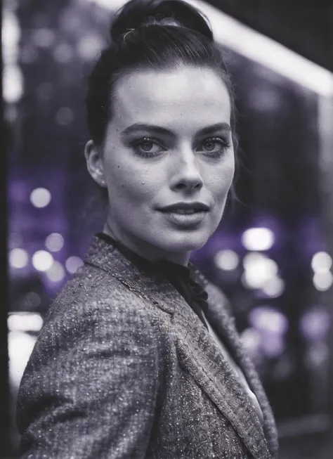 candid RAW close up portrait photo of sks woman in a (purple colored suit:1.0) on a dark street with shopping windows (at night:1.2), bokeh, Ilford Delta 3200 film, dof, high definition, detailed, intricate, flashlight, <lora:locon_margot_v1_from_v1_64_32:1.25>