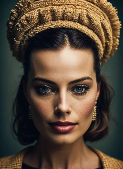 a close up of a woman wearing a hat and a sweater