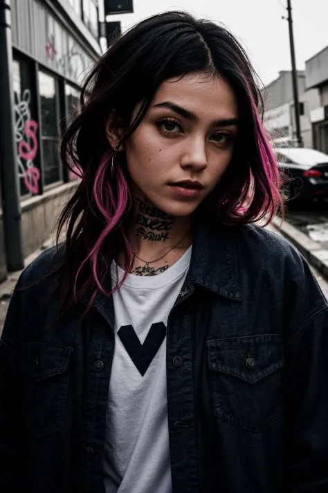 upper body portrait, raw essence of a tattoed street style icon, drenched in rebellious energy, wearing oversized flannel shirt, vibrant graffiti as backdrop, edgy fashion, sense, confident gaze, colorful hair, light beams streaming through haze, Incredibl...